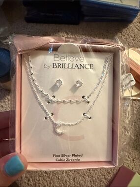 Brilliance Silver-Plated Layered Crescent Necklace Set - Pink & Silver